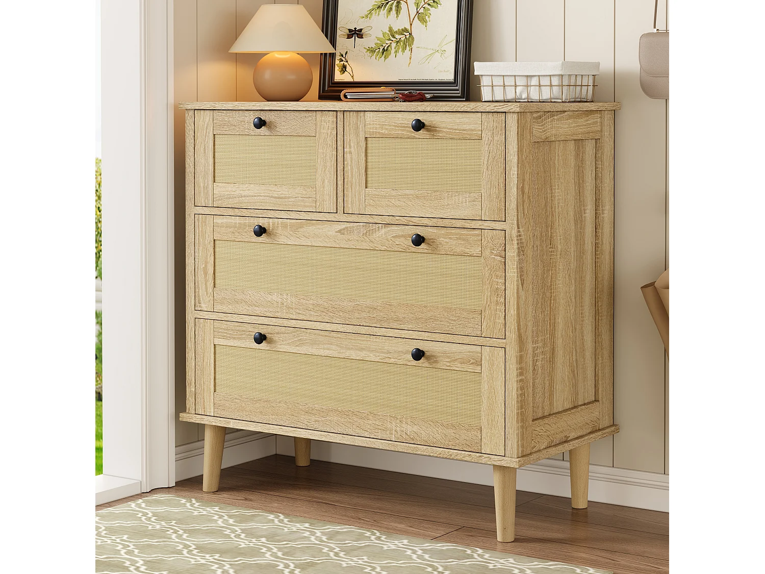Commode avec quatre tiroirs en rotin, pieds en bois massif, design moderne, en bois aggloméré, couleur naturelle (80x40x80 cm)