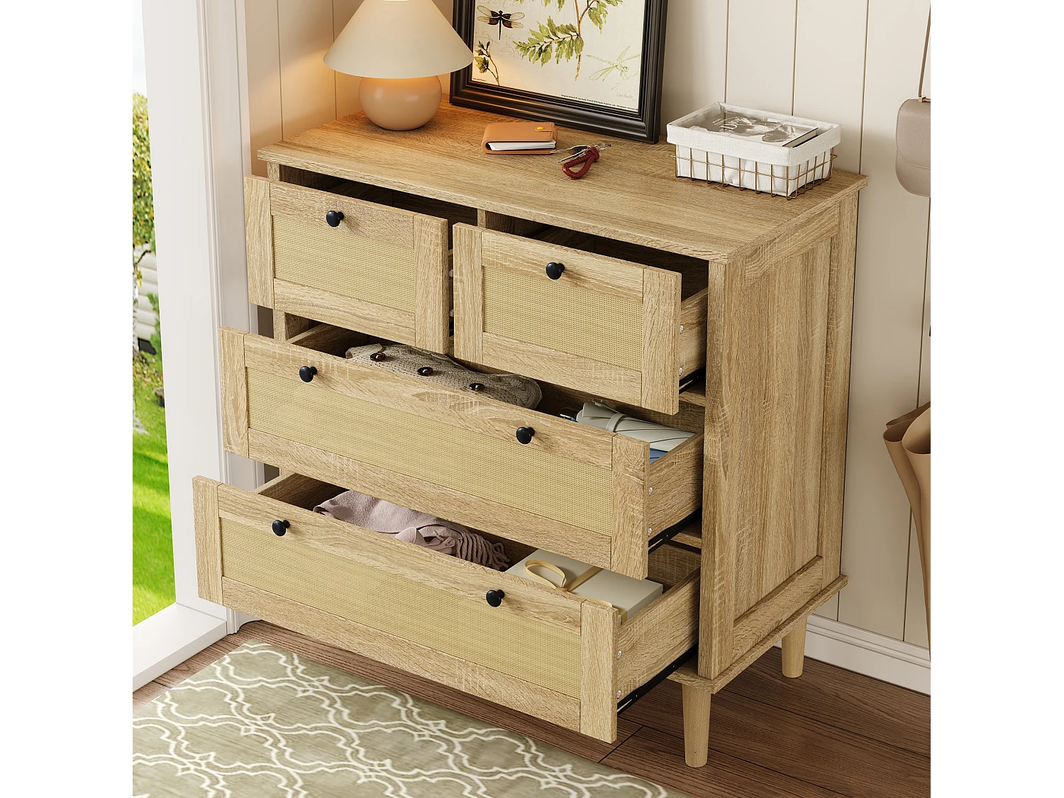 Commode avec quatre tiroirs en rotin, pieds en bois massif, design moderne, en bois aggloméré, couleur naturelle (80x40x80 cm)