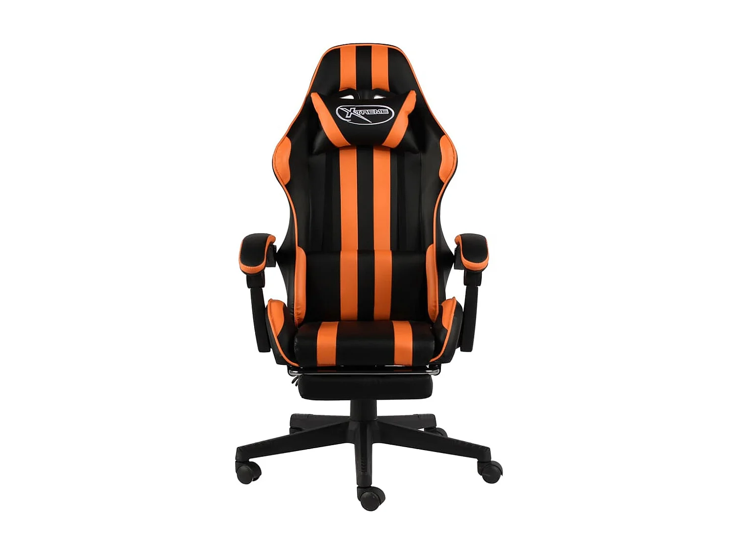 Zwarte en oranje kunstleren gamingstoel en voetenbank