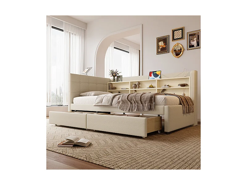 Divano letto 90x200 cm, divano letto con 2 cassetti, USB + Tipo C, vani portaoggetti, rete a doghe, lino, beige (207x101,5x78,5 cm)