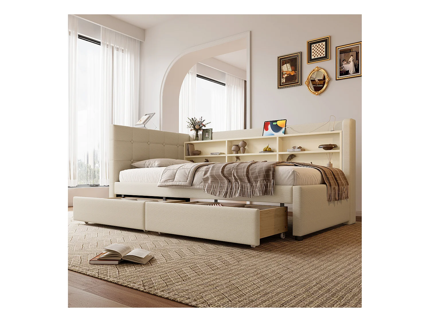 Daybett 90x200 cm, Tagesbett mit 2 Schubladen, USB + Typ C, Ablagefächern, Lattenrost, Leinen, Beige (207x101.5x78.5 cm)