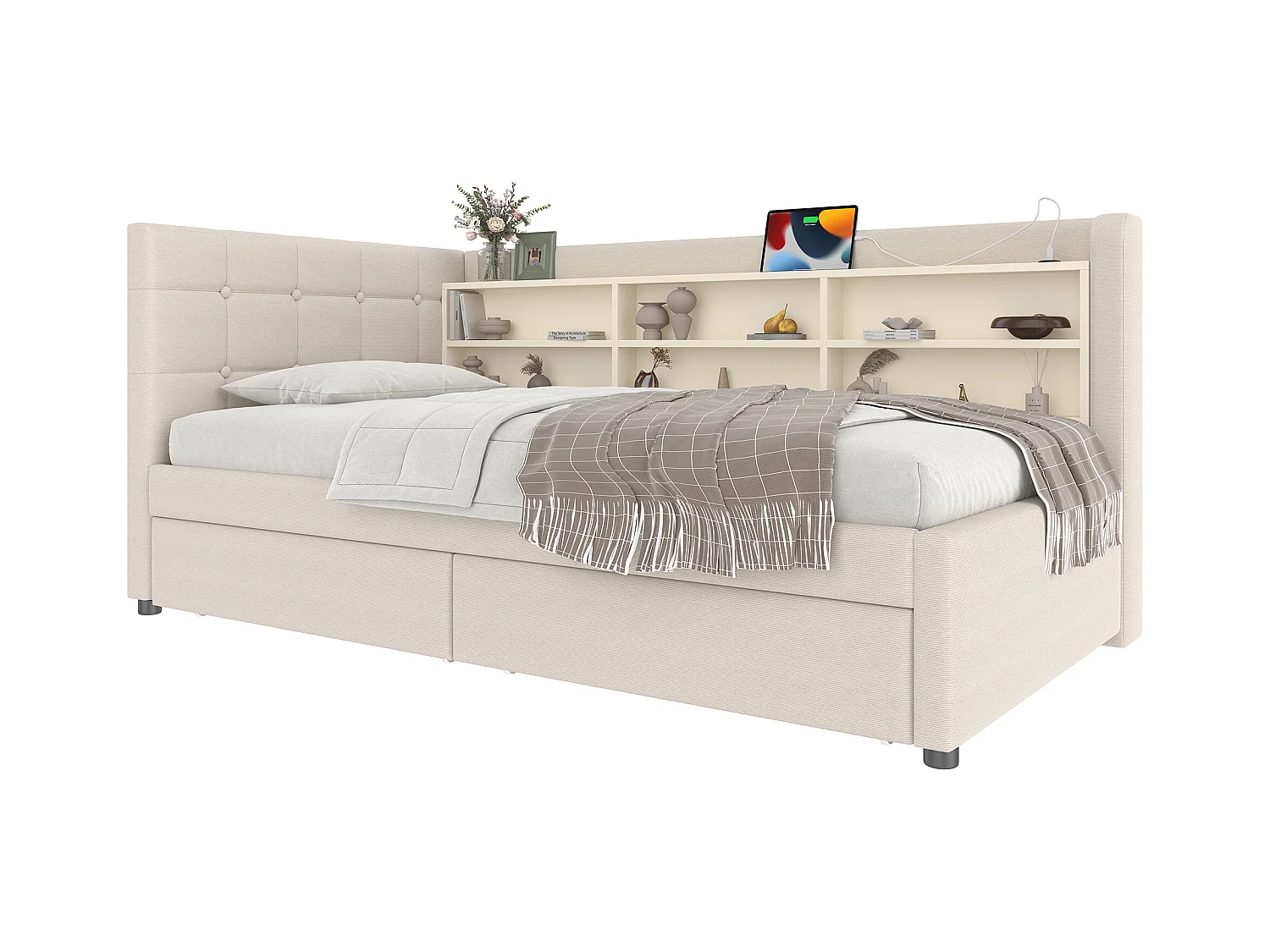 Daybett 90x200 cm, Tagesbett mit 2 Schubladen, USB + Typ C, Ablagefächern, Lattenrost, Leinen, Beige (207x101.5x78.5 cm)