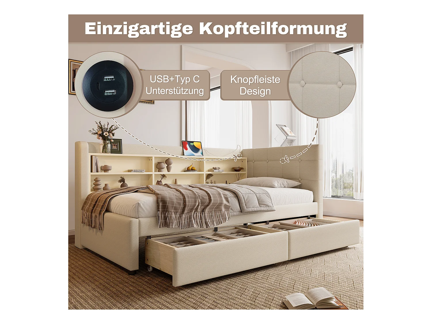 Sofá cama 90x200 cm, sofá cama con 2 cajones, USB + Tipo C, compartimentos de almacenamiento, somier de láminas, lino, beige (207x101,5x78,5 cm)