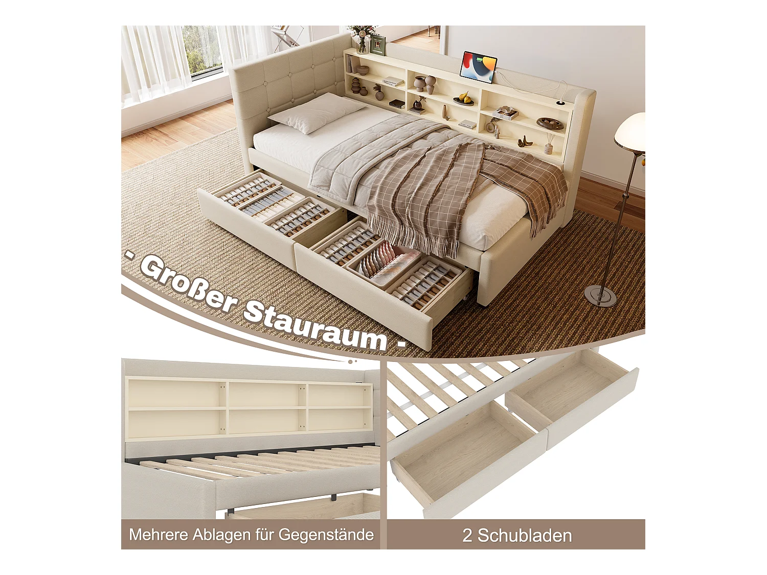 Sofá cama 90x200 cm, sofá cama con 2 cajones, USB + Tipo C, compartimentos de almacenamiento, somier de láminas, lino, beige (207x101,5x78,5 cm)