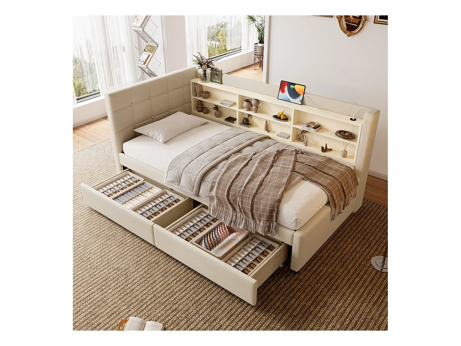 Sofá cama 90x200 cm, sofá cama con 2 cajones, USB + Tipo C, compartimentos de almacenamiento, somier de láminas, lino, beige (207x101,5x78,5 cm)