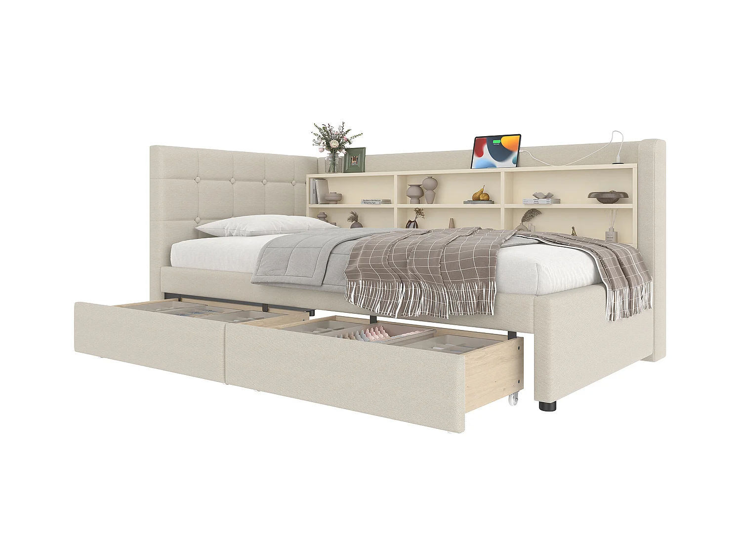 Sofá cama 90x200 cm, sofá cama con 2 cajones, USB + Tipo C, compartimentos de almacenamiento, somier de láminas, lino, beige (207x101,5x78,5 cm)