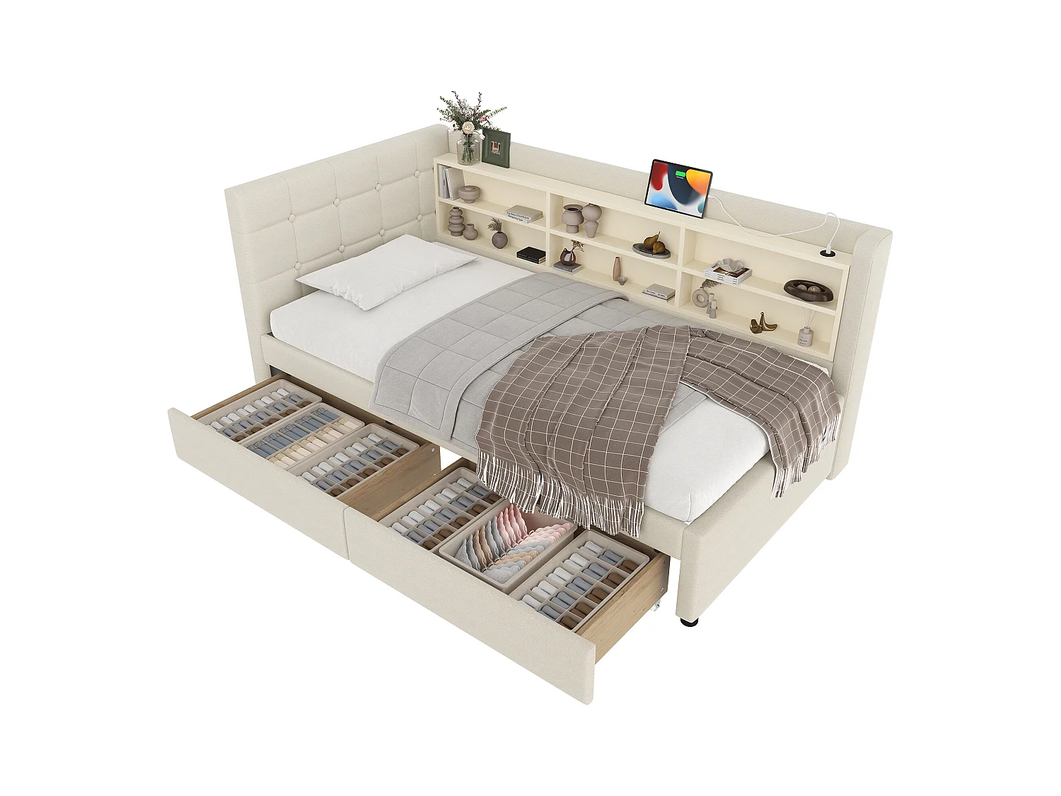Sofá cama 90x200 cm, sofá cama con 2 cajones, USB + Tipo C, compartimentos de almacenamiento, somier de láminas, lino, beige (207x101,5x78,5 cm)