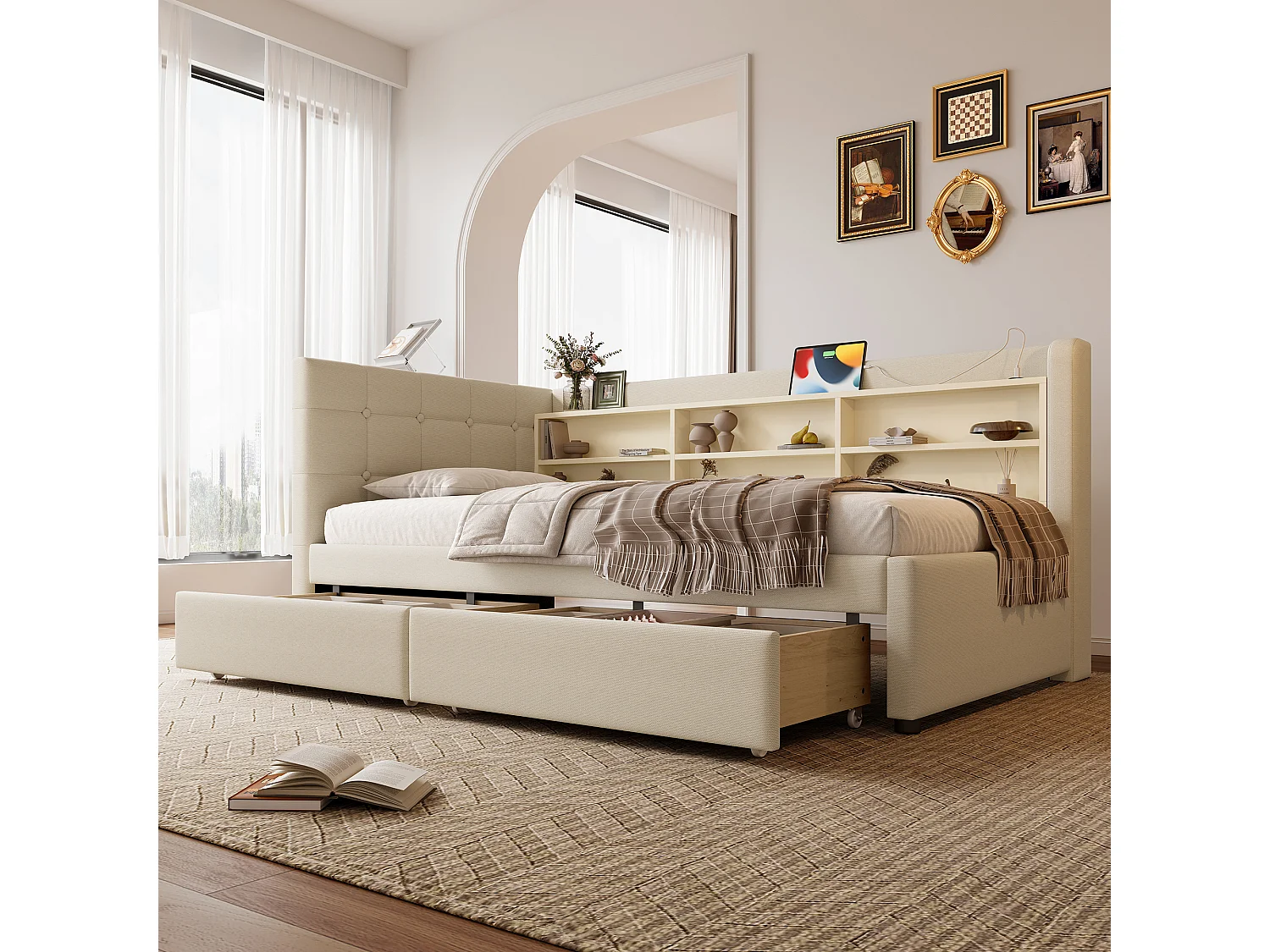 Daybett 90x200 cm, Tagesbett mit 2 Schubladen, USB + Typ C, Ablagefächern, Lattenrost, Leinen, Beige (207x101.5x78.5 cm)