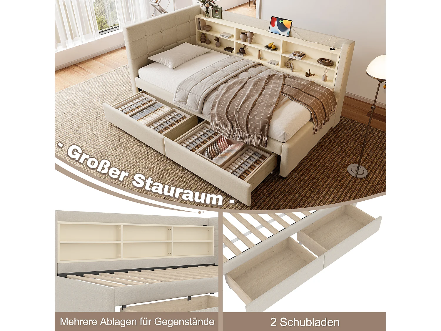 Daybett 90x200 cm, Tagesbett mit 2 Schubladen, USB + Typ C, Ablagefächern, Lattenrost, Leinen, Beige (207x101.5x78.5 cm)