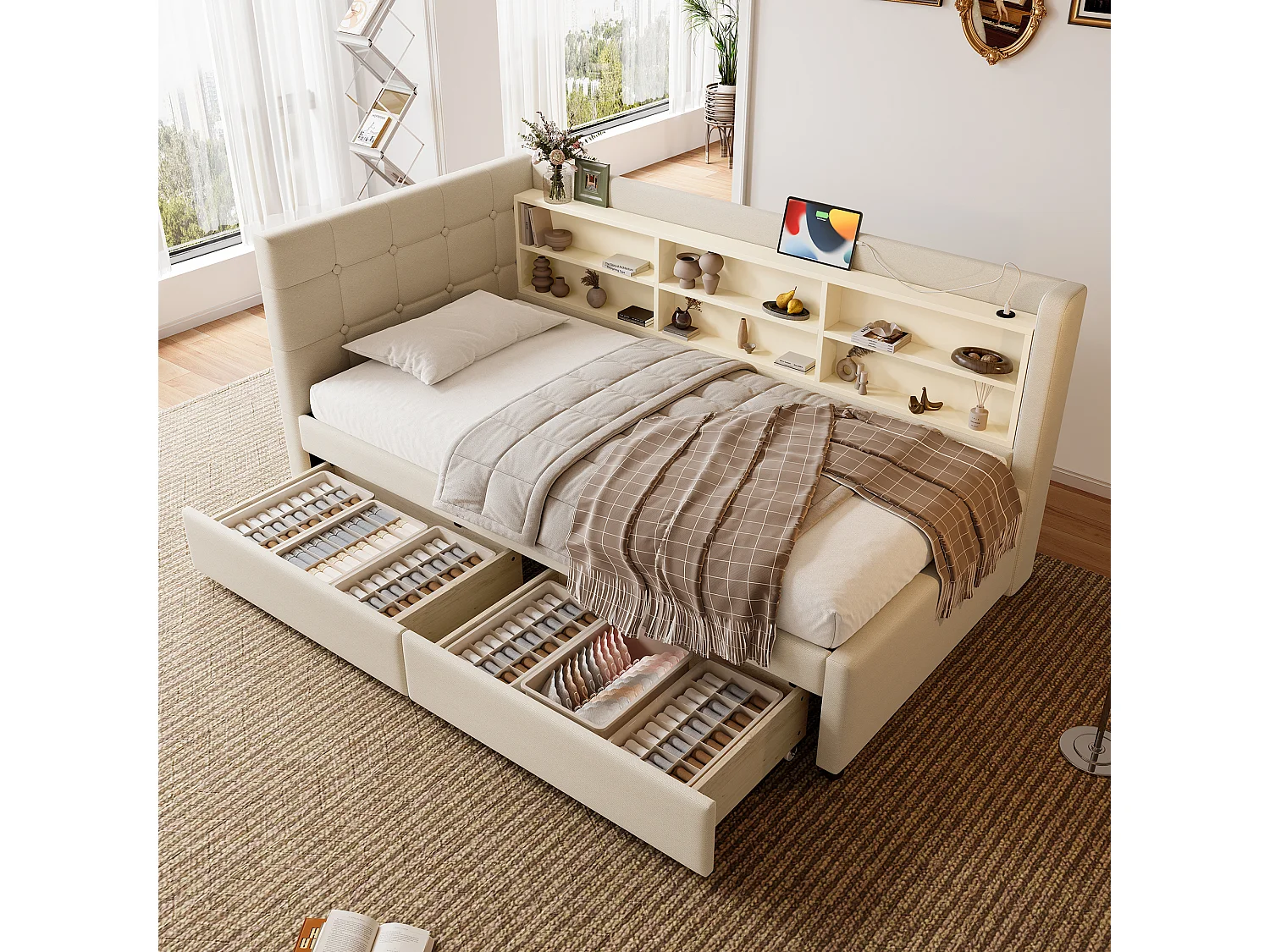 Daybett 90x200 cm, Tagesbett mit 2 Schubladen, USB + Typ C, Ablagefächern, Lattenrost, Leinen, Beige (207x101.5x78.5 cm)