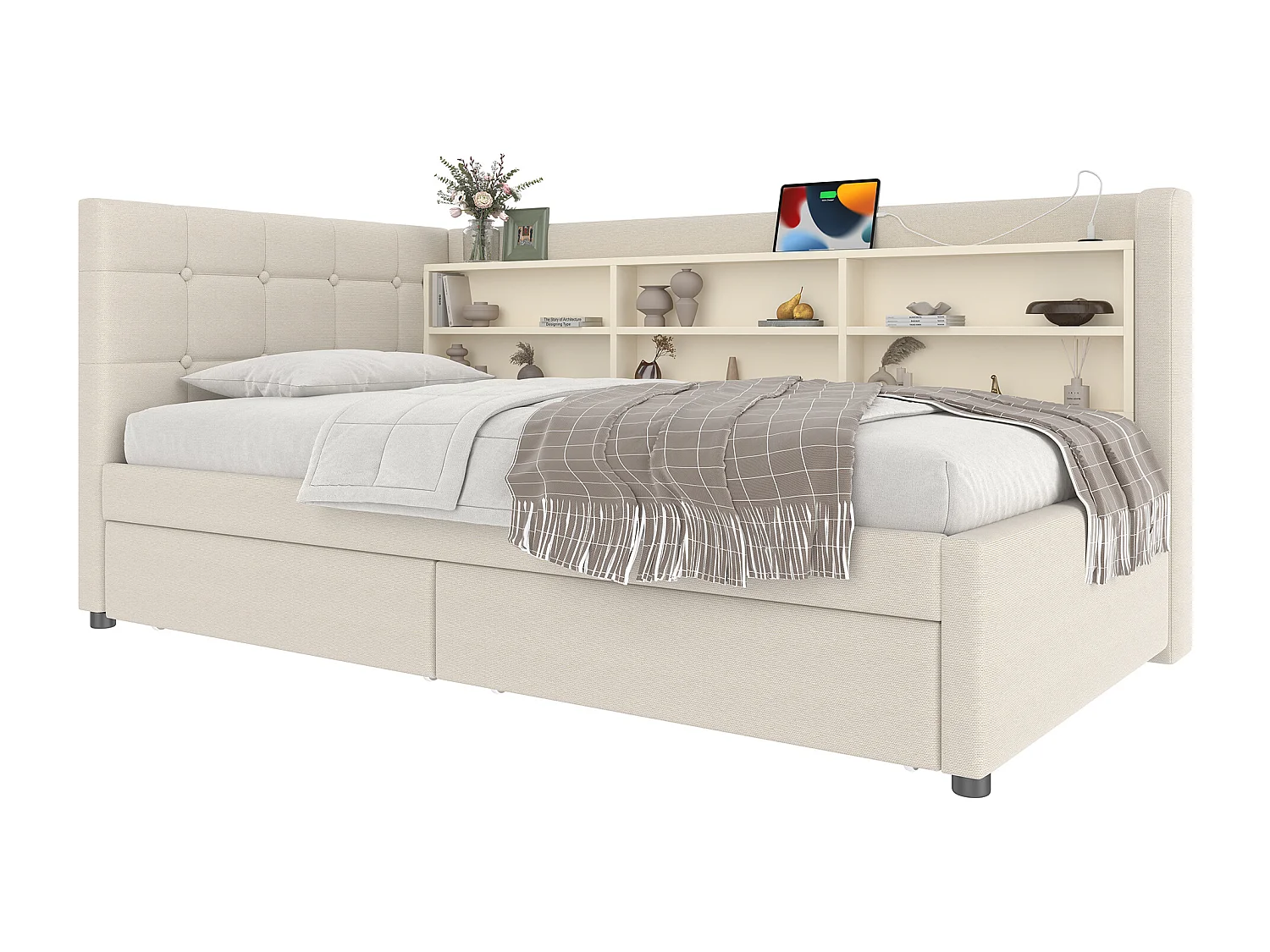 Daybett 90x200 cm, Tagesbett mit 2 Schubladen, USB + Typ C, Ablagefächern, Lattenrost, Leinen, Beige (207x101.5x78.5 cm)