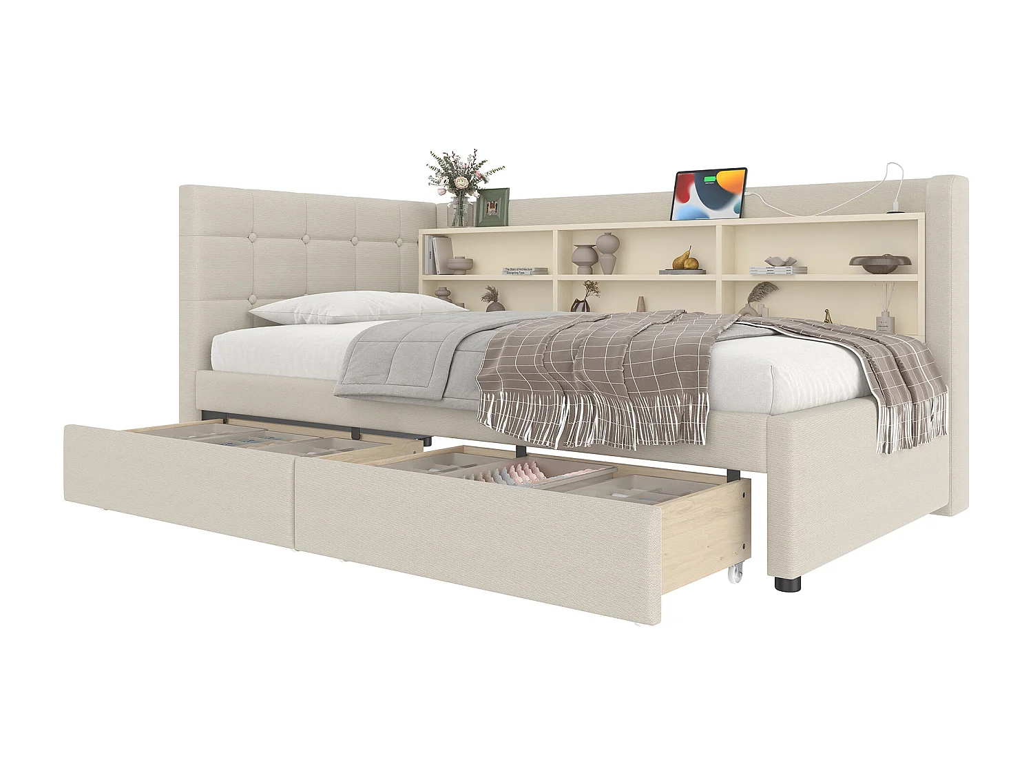 Daybett 90x200 cm, Tagesbett mit 2 Schubladen, USB + Typ C, Ablagefächern, Lattenrost, Leinen, Beige (207x101.5x78.5 cm)