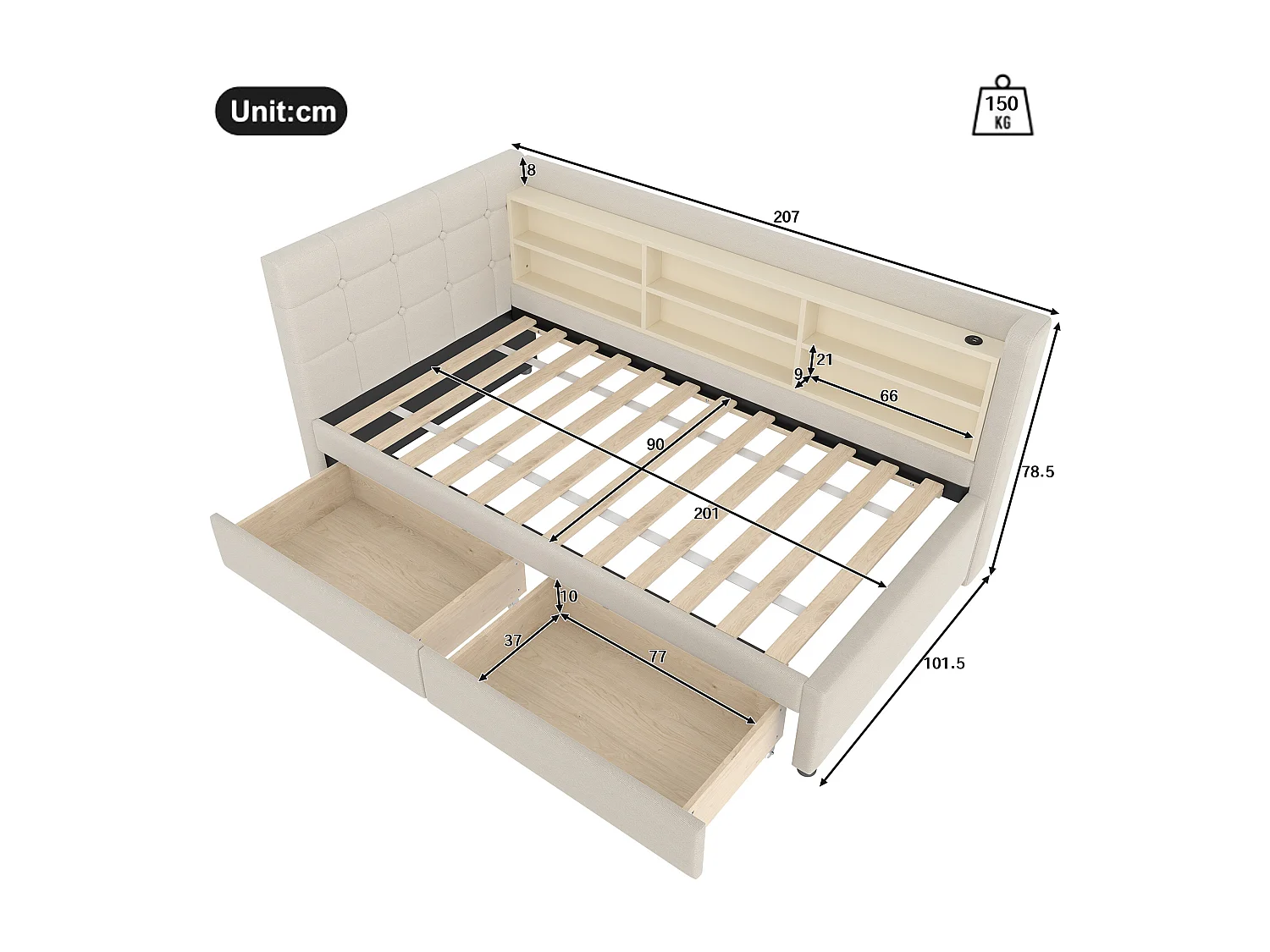 Daybett 90x200 cm, Tagesbett mit 2 Schubladen, USB + Typ C, Ablagefächern, Lattenrost, Leinen, Beige (207x101.5x78.5 cm)