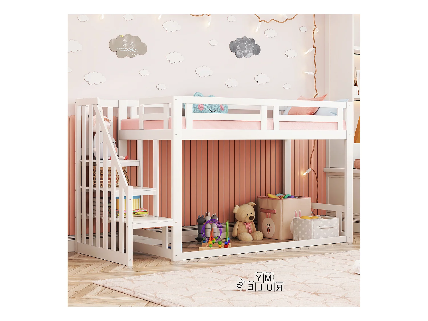 Letto a castello 90x200 cm con scaletta di sicurezza, contenitore integrato, struttura in legno massello, bianco (253,4x95x145 cm)