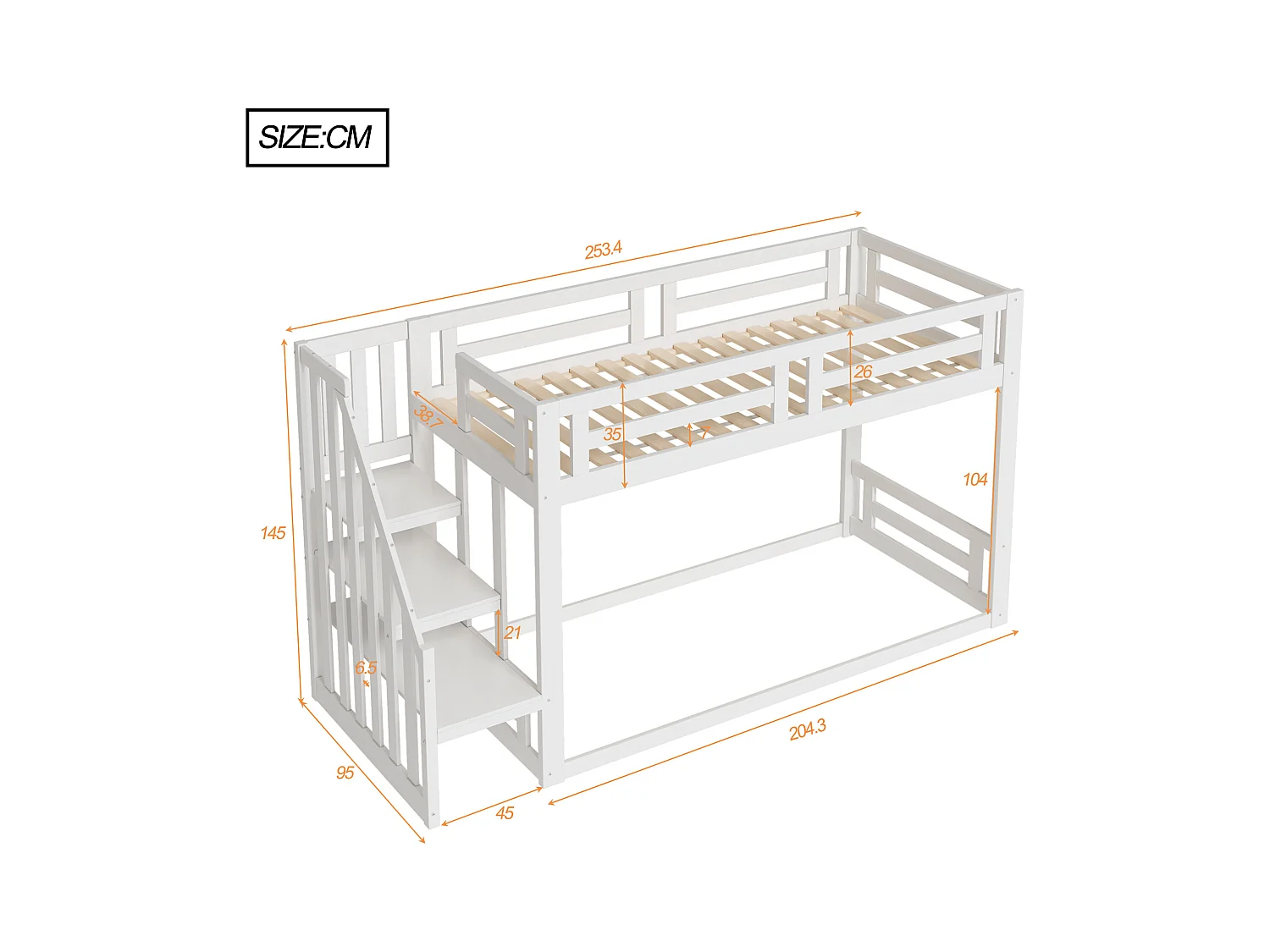 Letto a castello 90x200 cm con scaletta di sicurezza, contenitore integrato, struttura in legno massello, bianco (253,4x95x145 cm)