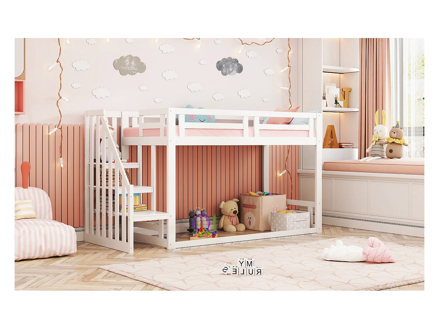 Letto a castello 90x200 cm con scaletta di sicurezza, contenitore integrato, struttura in legno massello, bianco (253,4x95x145 cm)