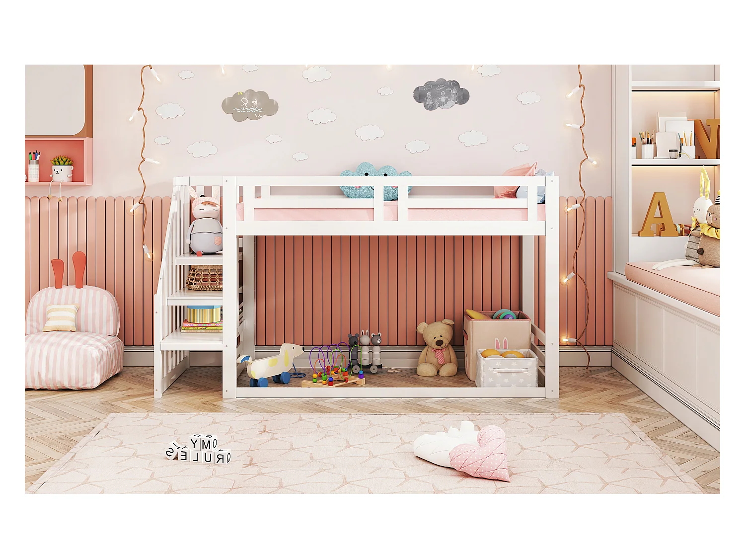 Letto a castello 90x200 cm con scaletta di sicurezza, contenitore integrato, struttura in legno massello, bianco (253,4x95x145 cm)