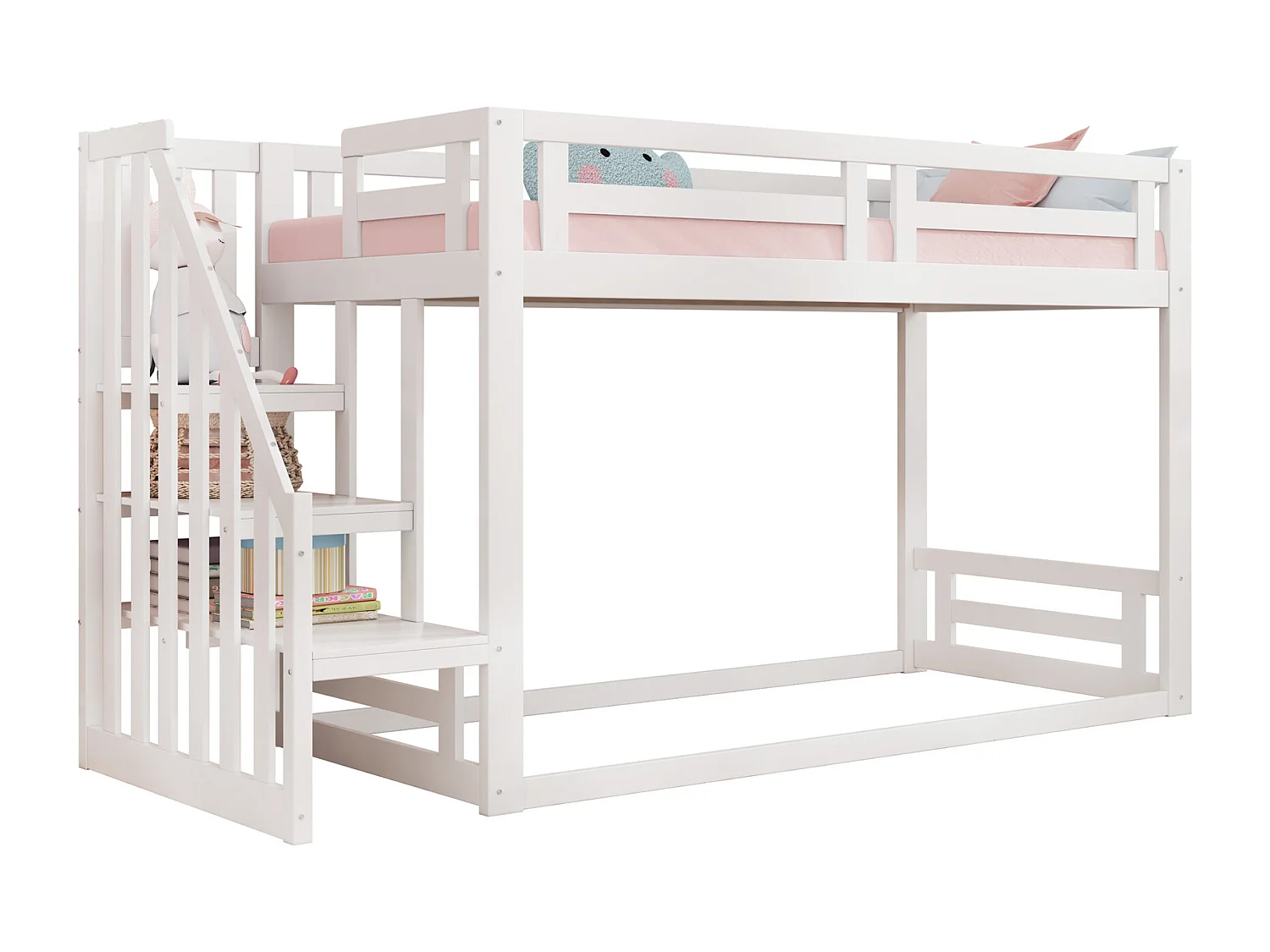 Letto a castello 90x200 cm con scaletta di sicurezza, contenitore integrato, struttura in legno massello, bianco (253,4x95x145 cm)