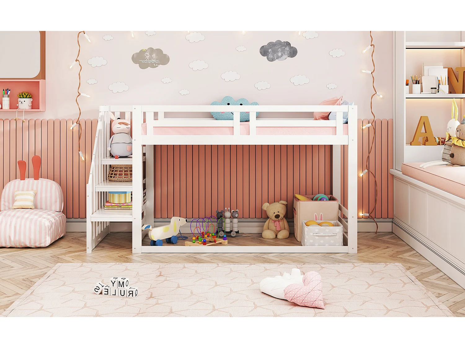 Lit superposé 90x200 cm avec échelle de sécurité, rangement intégré, cadre en bois massif, blanc (253.4x95x145 cm)