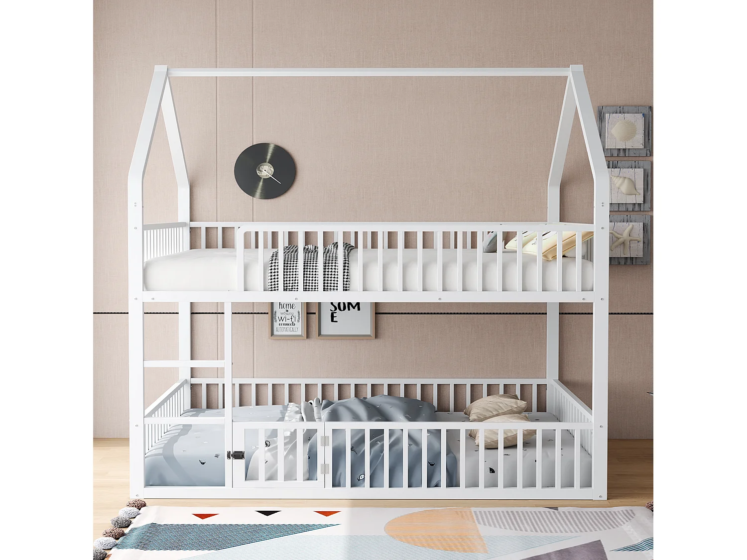 Lit superposé pour enfants 140\200 cm, cadre en métal, lit avec échelle, design loft, avec porte à ouverture et fermeture, blanc (matelas non inclus)