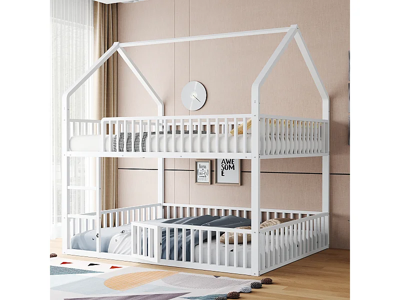 Lit superposé pour enfants 140\200 cm, cadre en métal, lit avec échelle, design loft, avec porte à ouverture et fermeture, blanc (matelas non inclus)