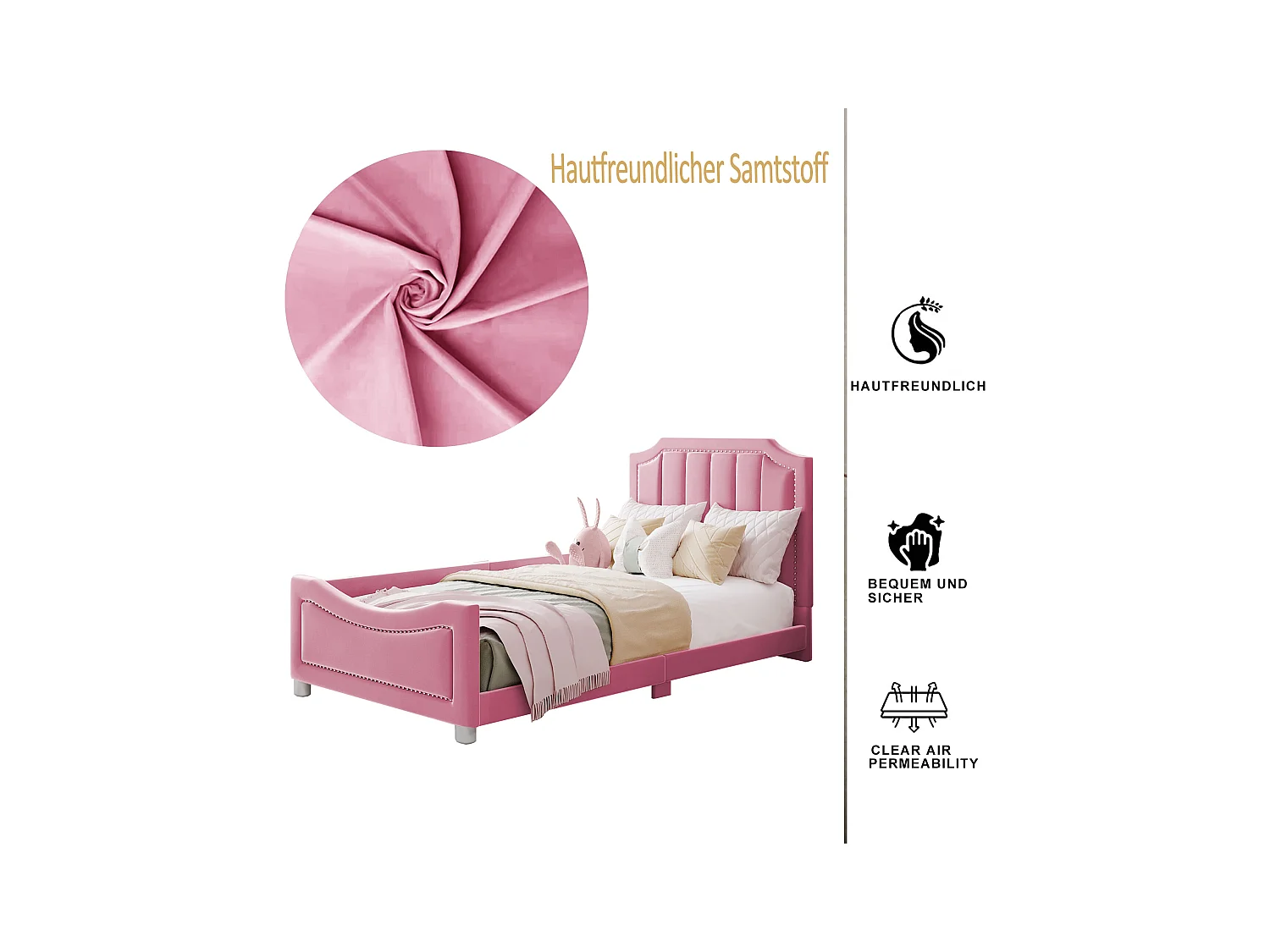 Lit enfant 90x200cm, canapé-lit multifonction, cadre en bois massif, tissu en flanelle, avec dossier et accoudoirs, couleur rose (204x147x60 cm)