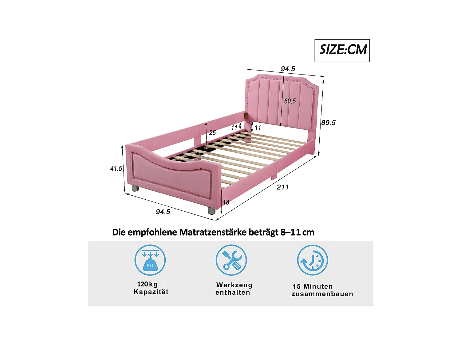 Lit enfant 90x200cm, canapé-lit multifonction, cadre en bois massif, tissu en flanelle, avec dossier et accoudoirs, couleur rose (204x147x60 cm)