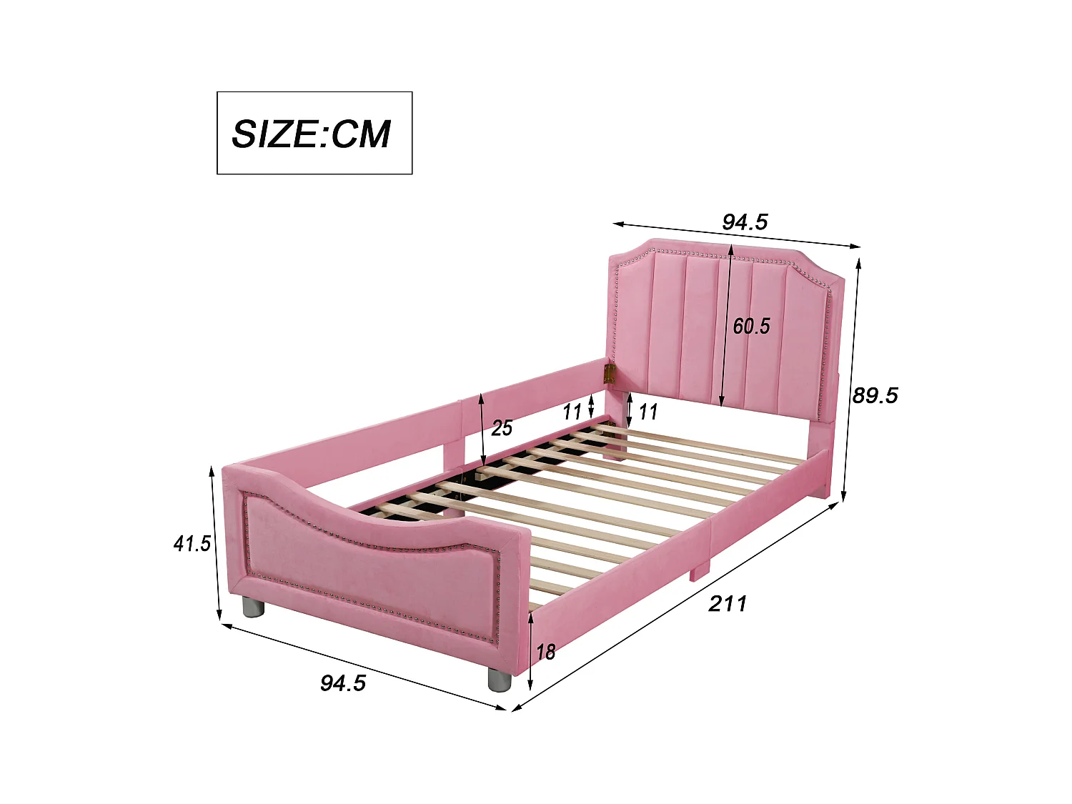 Lit enfant 90x200cm, canapé-lit multifonction, cadre en bois massif, tissu en flanelle, avec dossier et accoudoirs, couleur rose (204x147x60 cm)