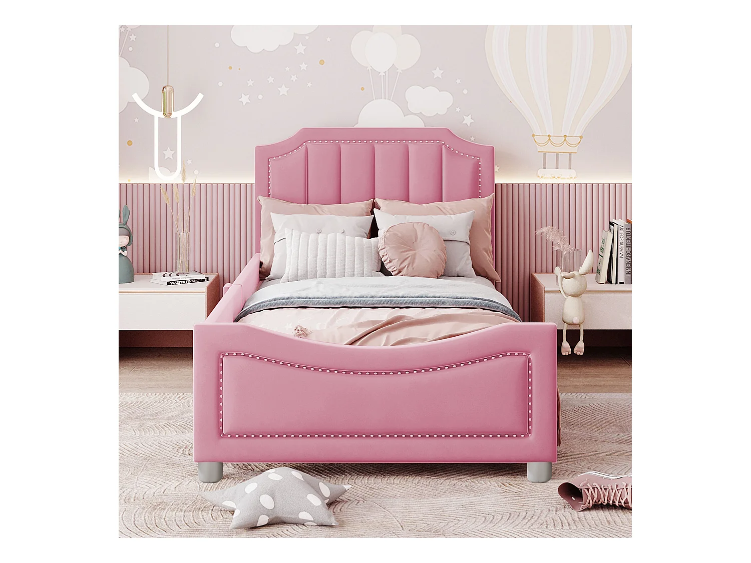 Cama infantil 90x200cm, sofá cama multifuncional, estructura de madera maciza, tejido de franela, con respaldo y reposabrazos, color rosa (204x147x60 cm)