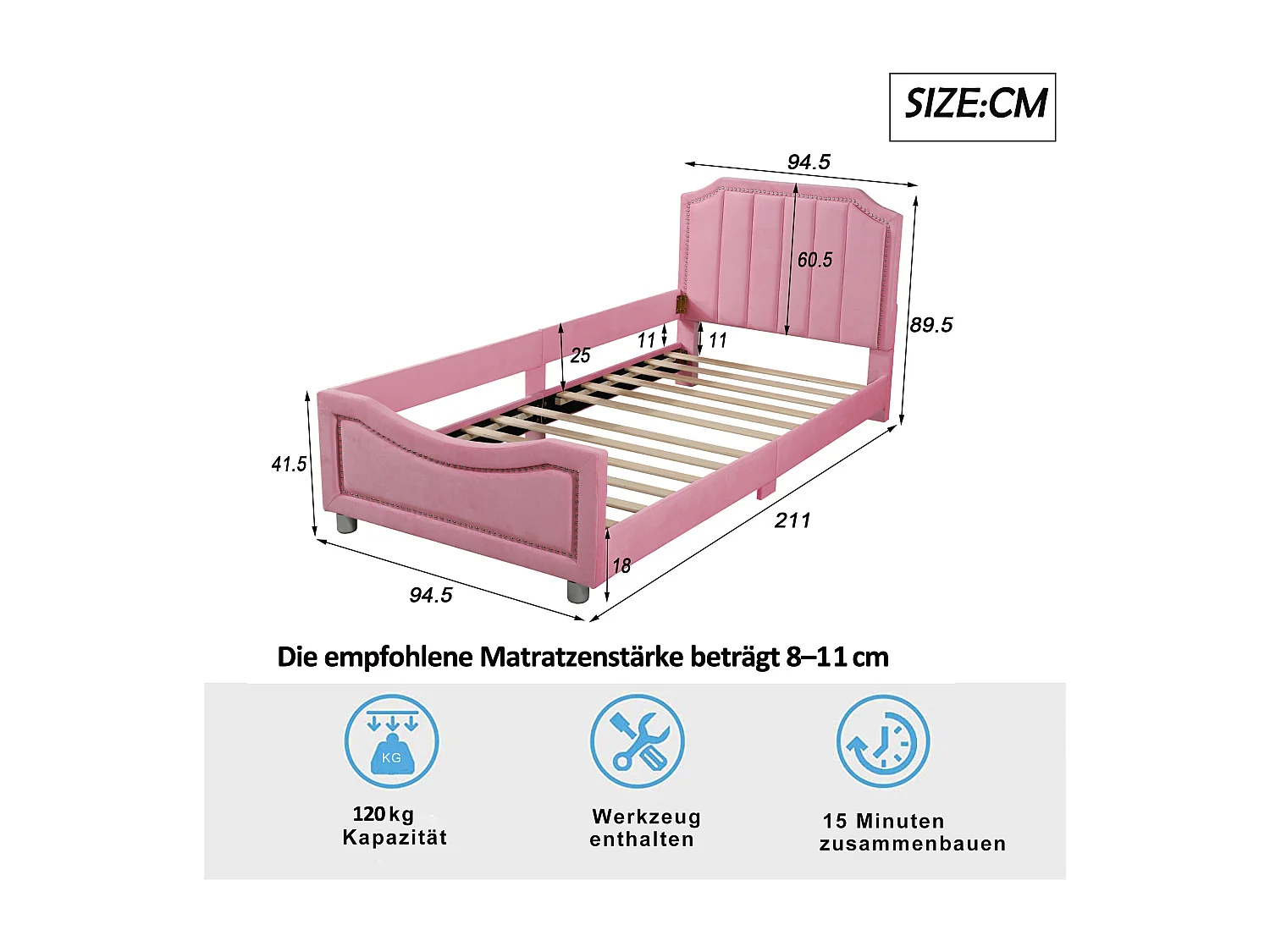 Lit enfant 90x200cm, canapé-lit multifonction, cadre en bois massif, tissu en flanelle, avec dossier et accoudoirs, couleur rose (204x147x60 cm)