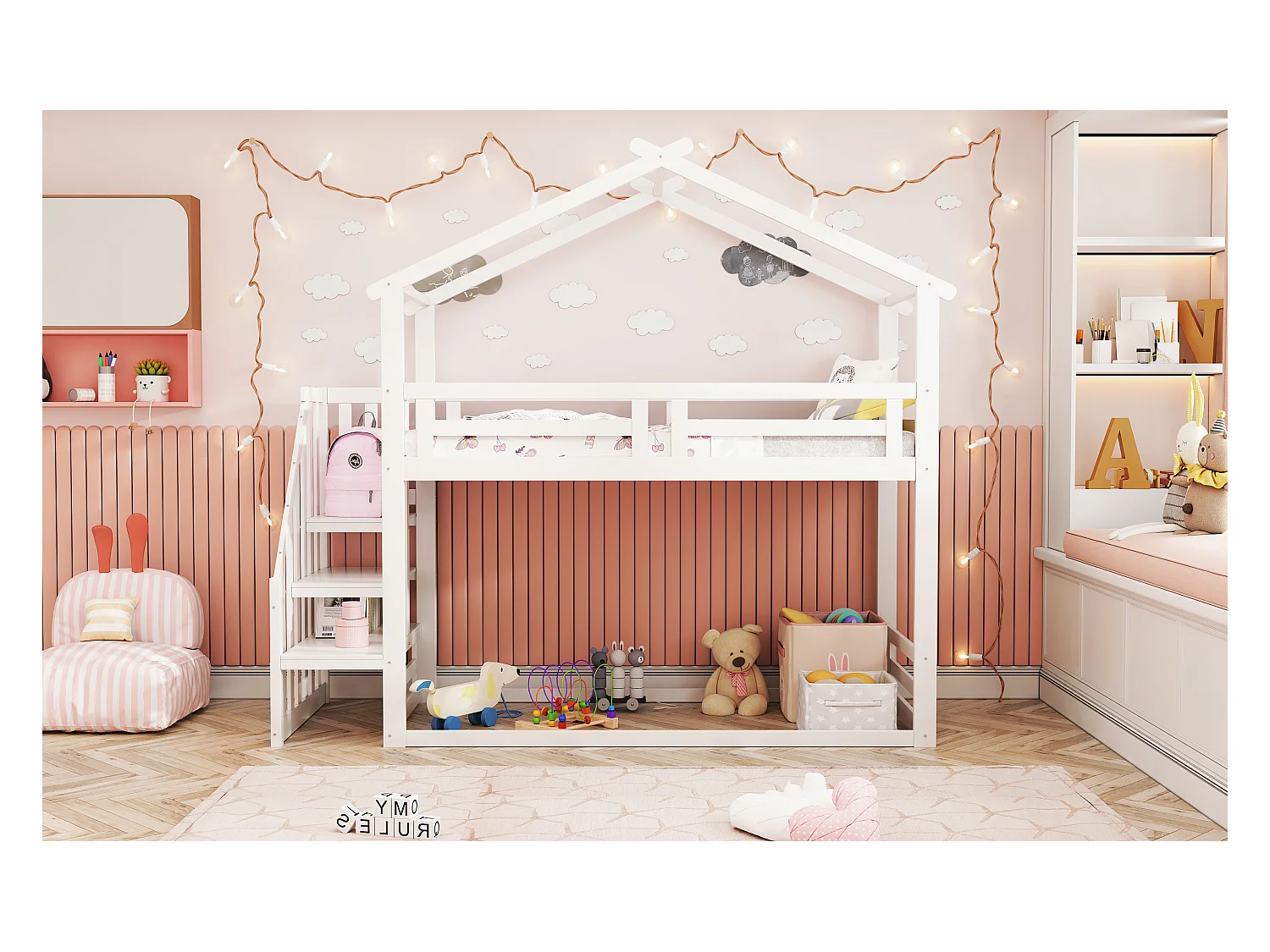 Litera 90x200 cm con escalera de seguridad, estructura de madera maciza, acabado blanco (253,4x95x145 cm)