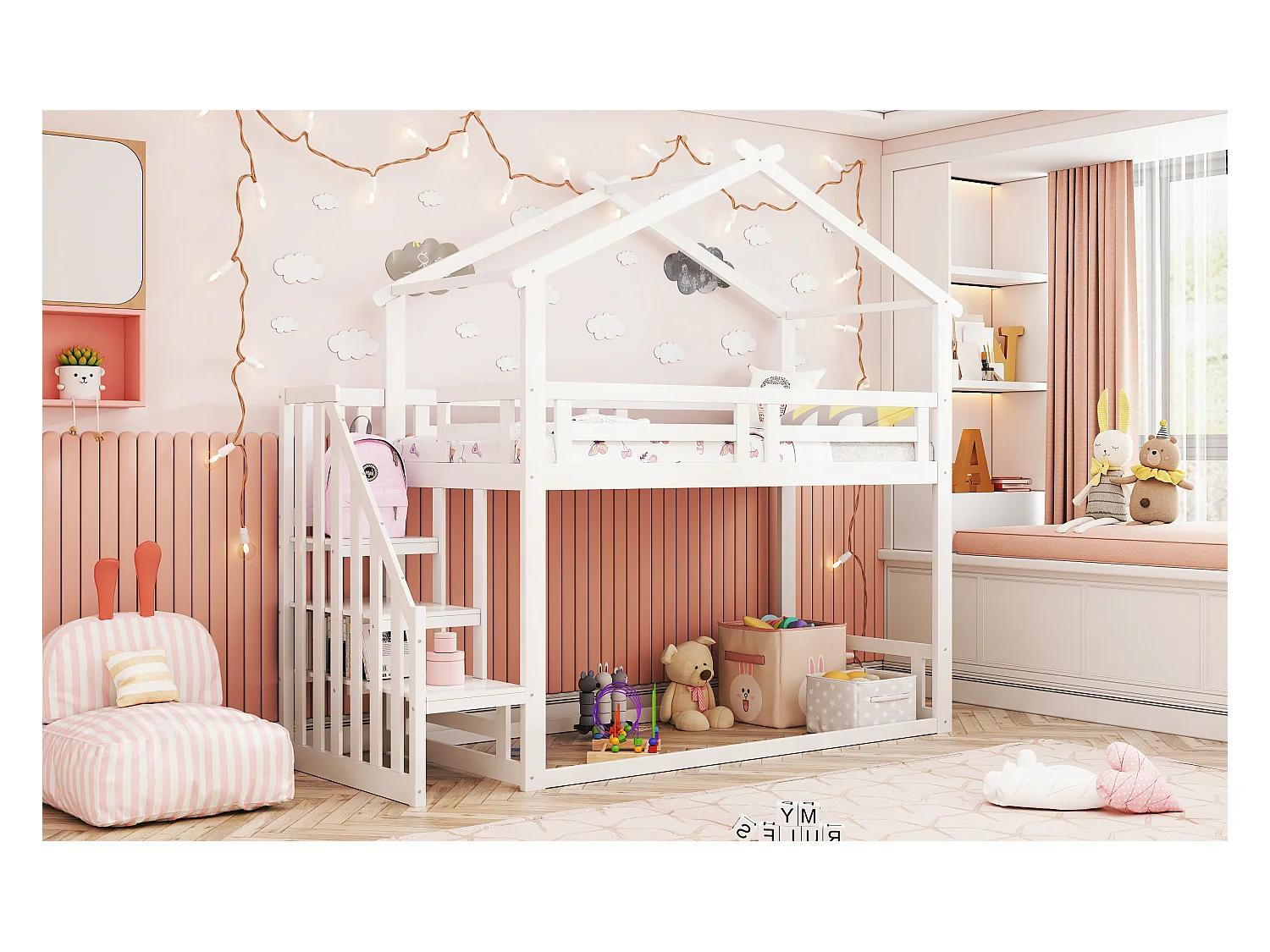 Litera 90x200 cm con escalera de seguridad, estructura de madera maciza, acabado blanco (253,4x95x145 cm)