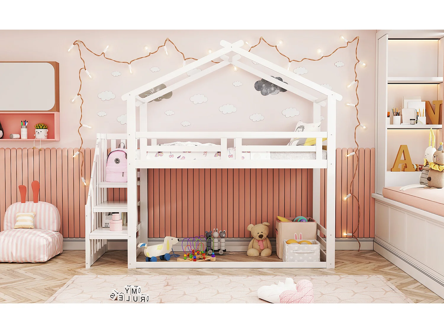 Lit superposé 90x200 cm avec échelle de sécurité, cadre en bois massif, finition blanche (253.4x95x145 cm)