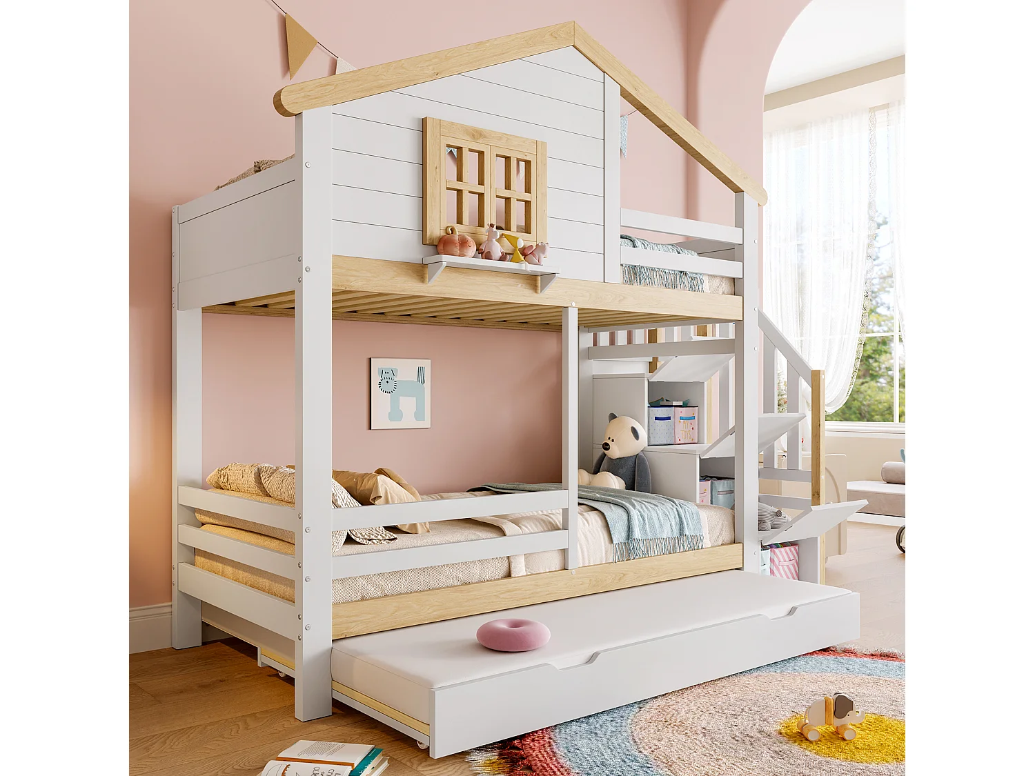 Stapelbed 90x200cm met opklapbed, planken, ramen en leuningen, huisontwerp, MDF, wit en naturel (254x105x200 cm)