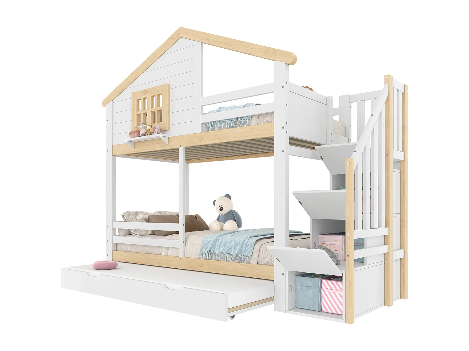 Stapelbed 90x200cm met opklapbed, planken, ramen en leuningen, huisontwerp, MDF, wit en naturel (254x105x200 cm)