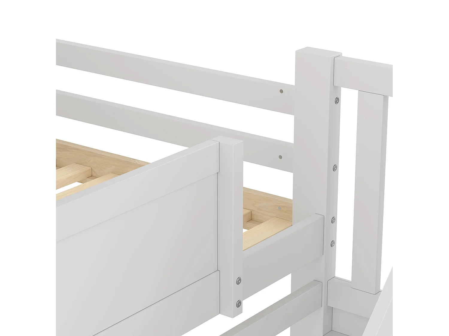 Stapelbed 90x200cm met opklapbed, planken, ramen en leuningen, huisontwerp, MDF, wit en naturel (254x105x200 cm)