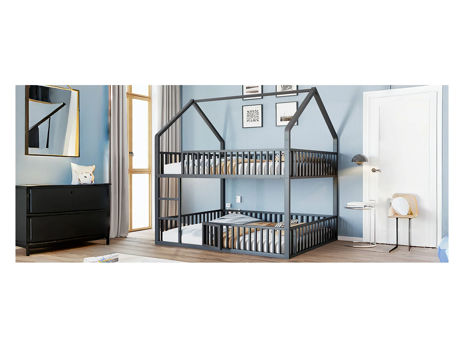 Litera infantil de 140\200 cm, estructura de metal, con escalera, diseño loft (colchón no incluido)