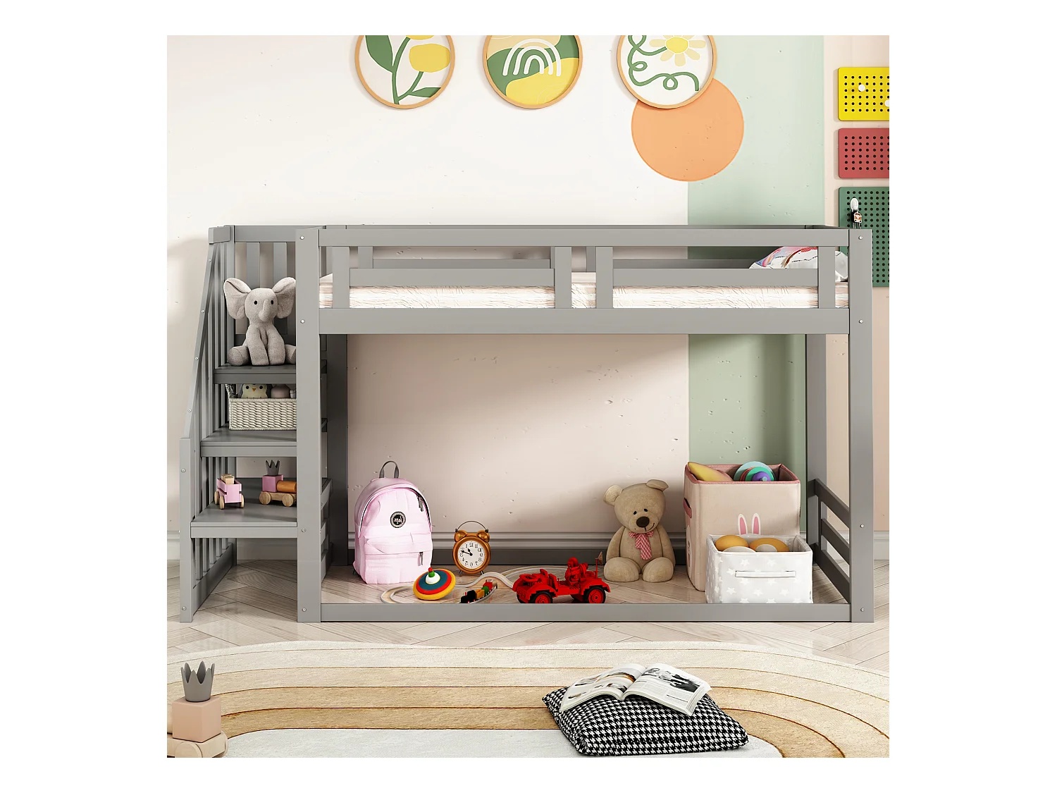 Stapelbed 90x200 cm met veiligheidsladder en opbergruimte, massief grenen frame, wit (278x95x139,5 cm)