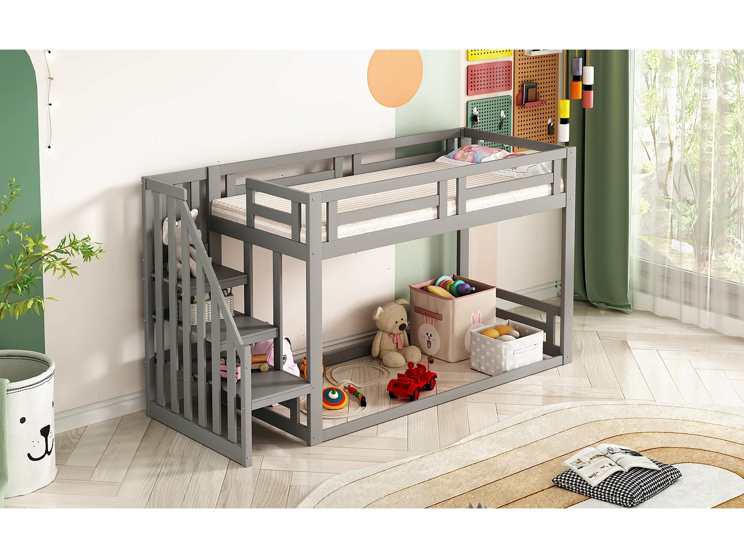 Lit superposé 90x200 cm avec échelle de sécurité et rangements, cadre en pin massif, blanc (278x95x139.5 cm)