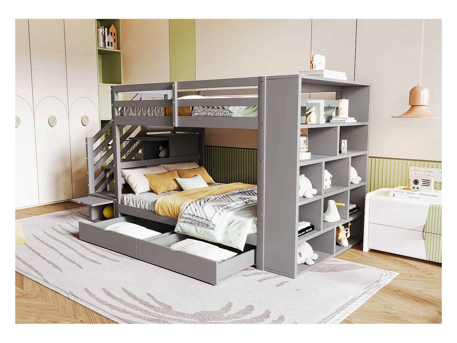 Lit superposé 90x200 cm avec échelle de sécurité, rangement et grands tiroirs, cadre en pin massif, gris (278x95x139.5 cm)