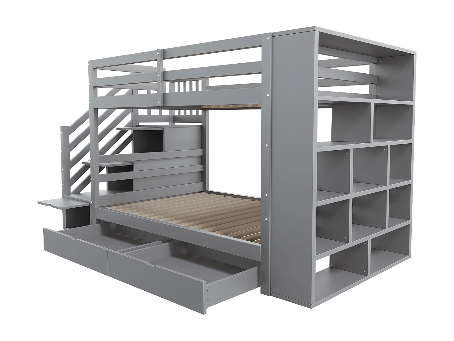 Litera de 90x200 cm con escalera de seguridad, espacio de almacenaje y amplios cajones, estructura de pino macizo, color gris (278x95x139,5 cm)