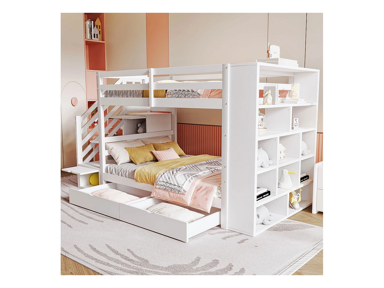 Litera 90x200 cm con escalera de seguridad, cajones y amplios espacios de almacenamiento, estructura de pino macizo, color blanco (278x95x139,5 cm)