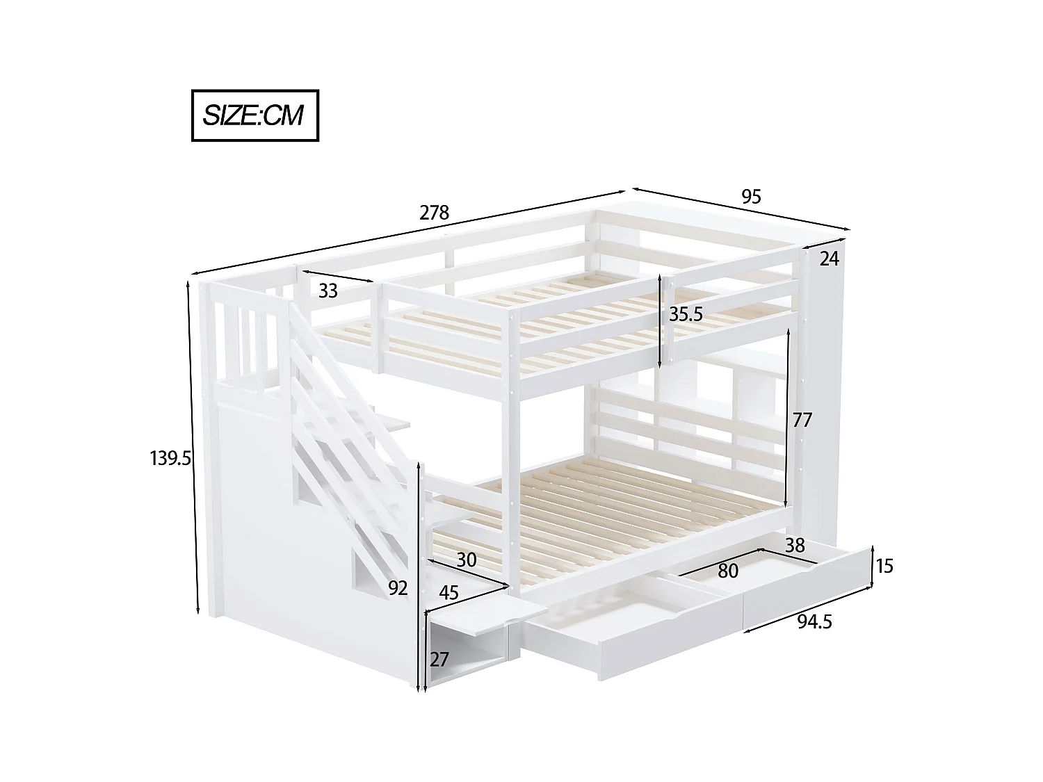 Litera 90x200 cm con escalera de seguridad, cajones y amplios espacios de almacenamiento, estructura de pino macizo, color blanco (278x95x139,5 cm)