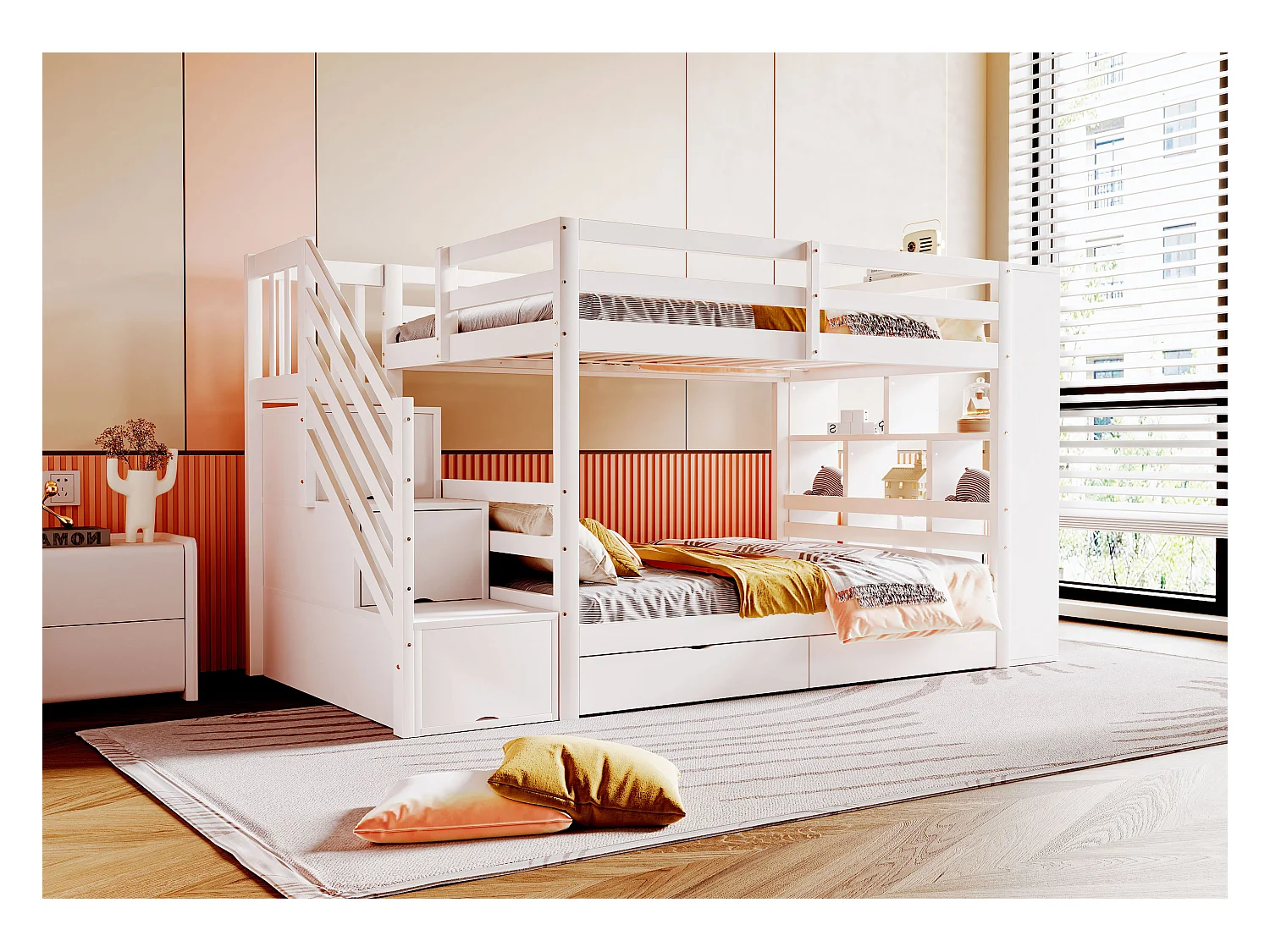 Litera 90x200 cm con escalera de seguridad, cajones y amplios espacios de almacenamiento, estructura de pino macizo, color blanco (278x95x139,5 cm)