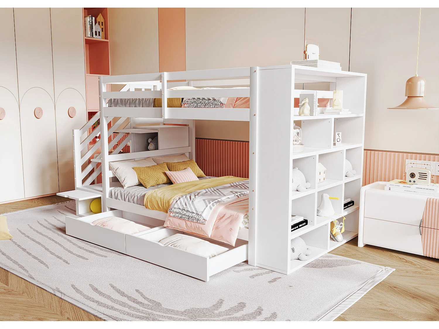 Lit superposé 90x200 cm avec échelle de sécurité, tiroirs et grands espaces de rangement, cadre en pin massif, blanc (278x95x139.5 cm)