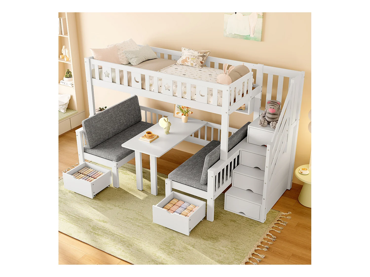 Litera multifuncional 90x200cm, cama y escritorio 2 en 1, con escalera de almacenaje, valla decorativa con estrellas y luna (252,5x125x149,5 cm)