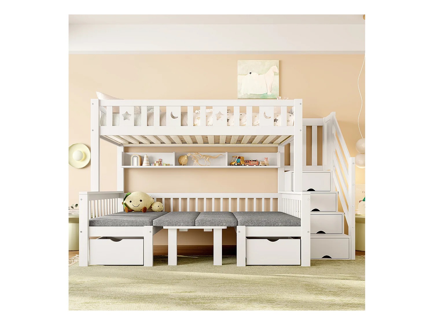 Litera multifuncional 90x200cm, cama y escritorio 2 en 1, con escalera de almacenaje, valla decorativa con estrellas y luna (252,5x125x149,5 cm)