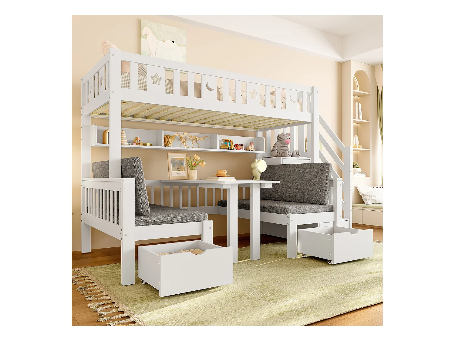 Litera multifuncional 90x200cm, cama y escritorio 2 en 1, con escalera de almacenaje, valla decorativa con estrellas y luna (252,5x125x149,5 cm)