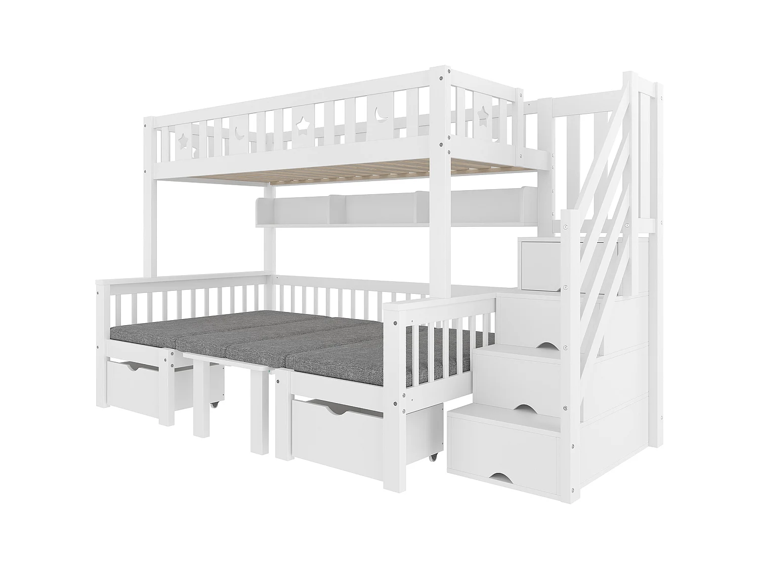 Litera multifuncional 90x200cm, cama y escritorio 2 en 1, con escalera de almacenaje, valla decorativa con estrellas y luna (252,5x125x149,5 cm)