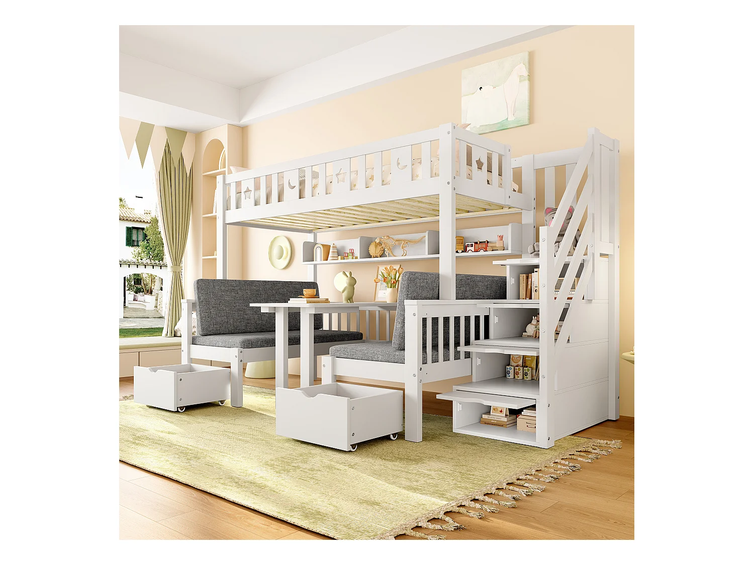 Lit superposé multifonctionnel 90x200cm, lit et bureau 2-en-1, avec échelle de rangement, clôture décorative avec étoiles et lune(252.5x125x149.5 cm)